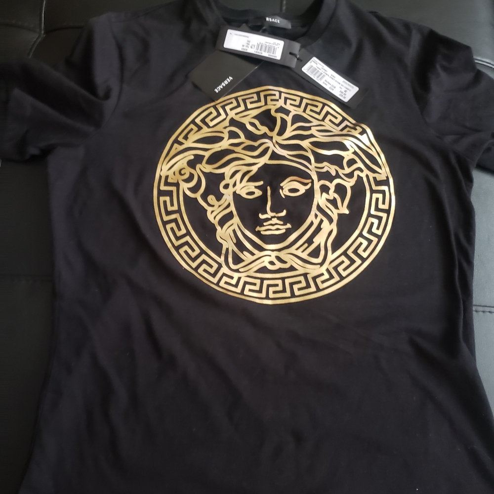 Versace Black Tee with Gold Medusa Emblem
